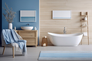 Minimalistic cozy bathroom with wooden texture. Blue and white pastel colors, modern interior design