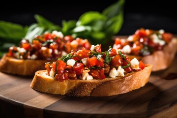 detail on toasted sides of bruschetta with feta cheese