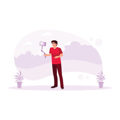 Young male content creator making video at sunrise. Social media influencers or content creators. Content Creator concept. Trend Modern vector flat illustration