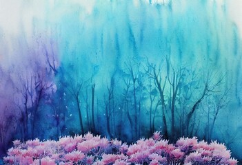 Enchanting misty twilight blue forest glade with captivating pretty pink flowers in bloom, beauty of nature in spring season, charming watercolor like art. - obrazy, fototapety, plakaty