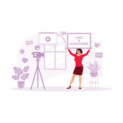Female vlogger recording video with a professional camera inside the home. Recording videos for his channel. Content Creator concept. Trend Modern vector flat illustration