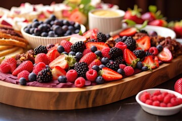 an array of mixed berries bruschetta scattered on a large platter