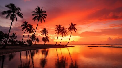 Beautiful sunset .Silhouetted of coconut tree