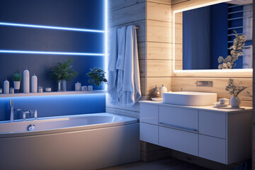 Minimalistic cozy bathroom with wooden texture. Blue and white pastel colors, modern interior design