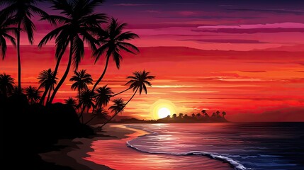 Beautiful sunset .Silhouetted of coconut tree