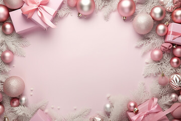 Christmas Flat Lay with Baubles and Evergreen Branches on a Pastel Pink Color Background. Copy Space