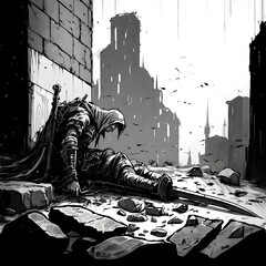 black and white a person lying on their back on the ground with a large ancient sword protruding from their chest and an abandoned cityscape background detailed illustration sketch line drawing 
