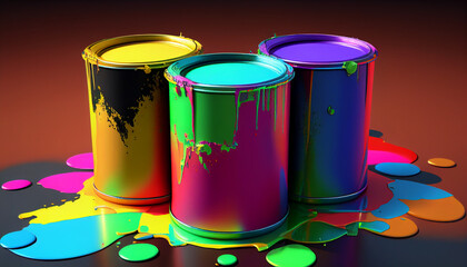 Cans with splashes, 3 can of paint on a multicolored background, Ai generated image