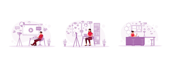 Technology blogger recording video. Stream podcasts online on mobile. A young woman in the kitchen recording video on camera. Blogger concept. set trend modern vector flat illustration