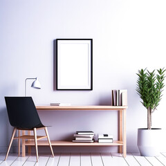 Elevate your home decor with this photo framing mock-up showcased over a white wall, complemented by a wooden chair and a study table adorned with