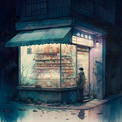 Watercolour painting soft colours of a tiny Tokyo store front by night futuristic lovely beautiful composition hand drawn 