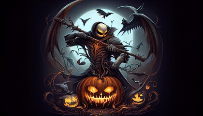 Halloween monster skeleton with pumpkin with scythe. Generative in ai