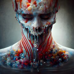 abstract hyper realistic ultra detail liquid face water drop meat nightmare sharp spine ribcage candles vertebrae bubbles pale skin horror 