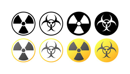 Radiation signs icons. Different styles, yellow, radiation sign, radiation icons. Vector icons