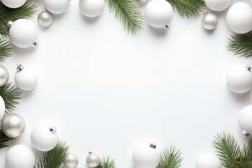 Christmas Flat Lay with Baubles and Evergreen Branches on a White Color Background. Copy Space