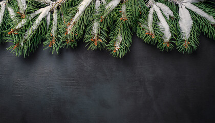 Background of winter pine branches on a blue surface, captured from above with space for text