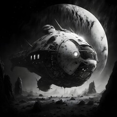 alien starship designed for exploring and colonizing the void by Eric long black and white Crystal core mining ship infinite energy cinematic frame the edge of space and time reality fading away in 