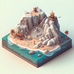 isometric map of a rocky beach as a floating island 3d putty art rocky cliffs in the background the entrance of a temple carved in the cliff is visible isometric perspective pastel color big waves 
