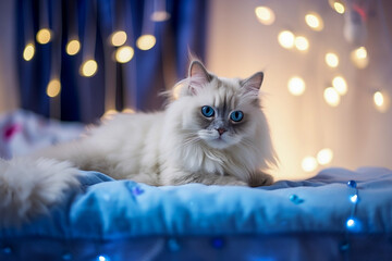 Modern cozy living room with white fluffy cat. Lights and blue, beige colors