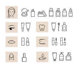 Set of icons for cosmetic design. Vector illustration isolated on white background. Ready for your design. EPS10. - obrazy, fototapety, plakaty