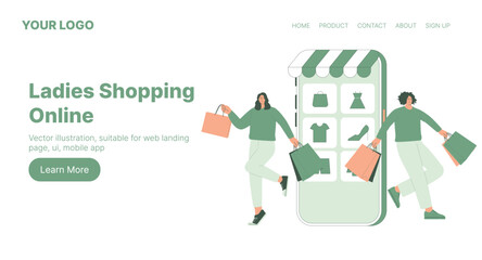 Ladies Shopping Online. Web Landing Page Design. Flat Cartoon Vector Illustration.