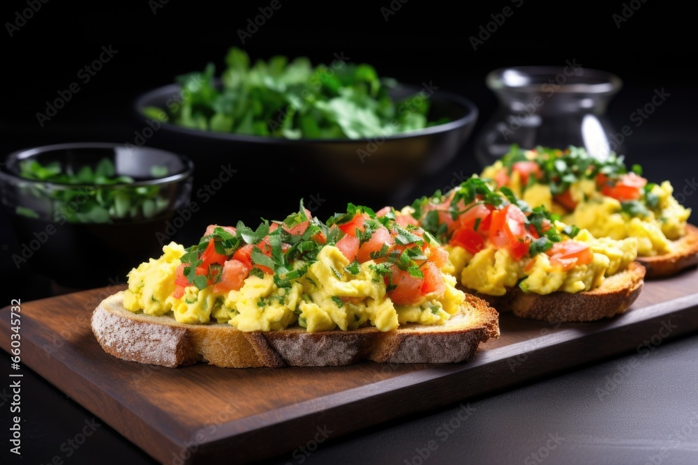 Sticker scrambled eggs on bruschetta with avocados on the side on a black table