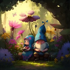 Pixar soft painting style peaceful serene colorful a female and male gnome sit together near multiple pretty flowers in a garden while looking at a beautiful butterfly 