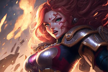 league of legends art style a female heroine has just beaten the final boss in a fighting game her face exudes confidence high quality 