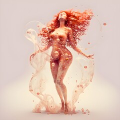 a delicate curvaceous woman long Red curly hair wearing translucent begie latex costume with dew drops dynamic full body pose pastiche volumetric dew drop mist 