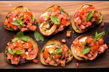 overhead view of shrimp bruschetta with finely chopped herbs