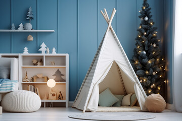 Fototapeta na wymiar Modern cozy childrens room with wigwam blue, beige colors and wooden texture. 