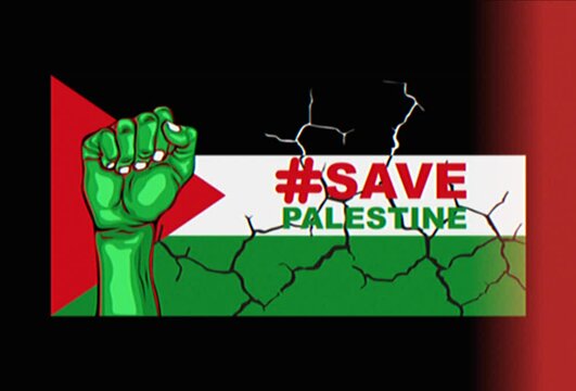 Animation of Palestine flag solidarity concept, SAVE PALESTINE with flash of light