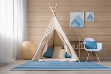 Modern cozy childrens room with wigwam blue, beige colors and wooden texture. 