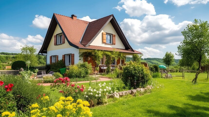 Fototapeta na wymiar German house with garden on a summer day