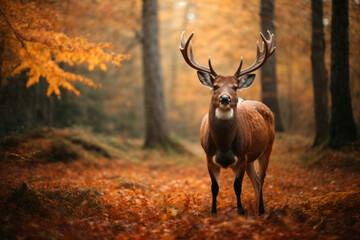 Naklejka na ściany i meble Big wild deer in autumn forest,AI generated