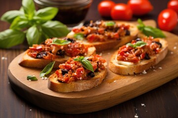 bruschetta with sun-dried tomatoes and black olives on board - obrazy, fototapety, plakaty