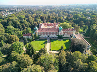 Lancut, Subcarpathian Poland - 27 September 2023: frontside of Lancut Castle Museum and surrounding English park