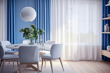 Modern cozy kitchen interior design with blue, beige colors and wooden texture