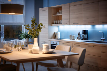 Fototapeta premium Modern cozy kitchen interior design with blue, beige colors and wooden texture