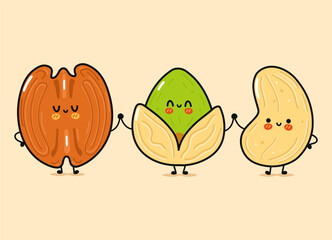 Cute, funny happy pecan, pistachio and cashews nut. Vector hand drawn cartoon kawaii characters, illustration icon. Funny happy cartoon pecan, pistachio and cashew nut mascot friends concept