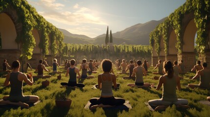 A yoga class in a picturesque vineyard ultra realistic illustration - Generative AI.