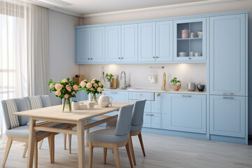 Fototapeta na wymiar Modern cozy kitchen interior design with blue, beige colors and wooden texture