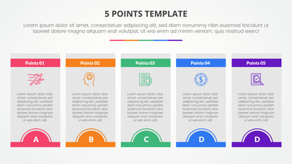 5 points stage template infographic concept for slide presentation with box table half circle badge header with 5 point list with flat style