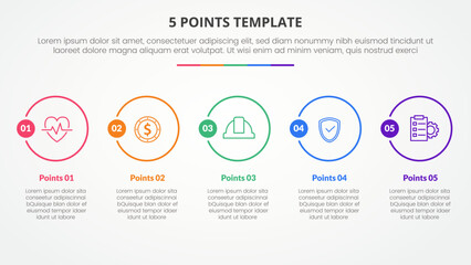 5 points stage template infographic concept for slide presentation with big outline circle horizontal with 5 point list with flat style