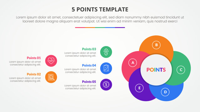 5 points stage template infographic concept for slide presentation with creative circle flower shape with 5 point list with flat style