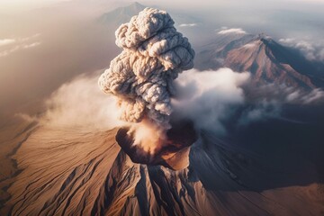 Aerial view of an erupting volcano releasing smoke and ash. Generative AI
