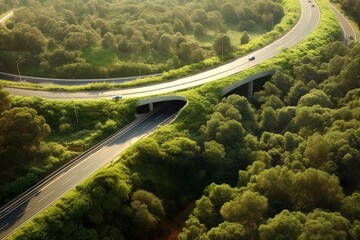 Vegetated bridge enabling safe wildlife crossing over a motorway viewed from above. Generative AI