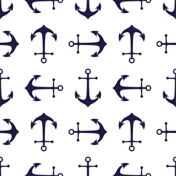 Dark blue anchors on white background seamless pattern. Marine boyish theme. Best for childish textile, print, wallpapers, and nursery decoration.