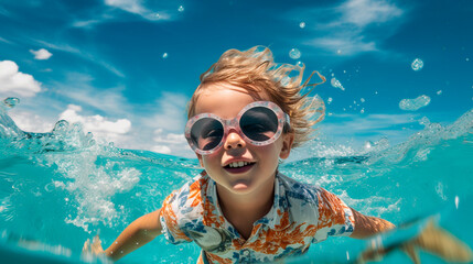 Fototapeta premium A child in sunglasses swims in the sea. Generative AI.