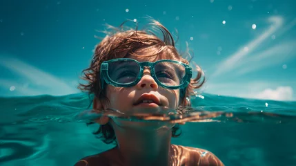 Foto op Plexiglas A child in sunglasses swims in the sea. Generative AI. © Яна Ерік Татевосян